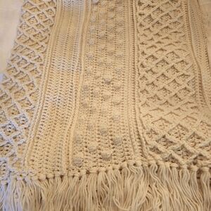 Handmade Crocheted Cream Cable  Knit Fringe Throw Blanket Afghan